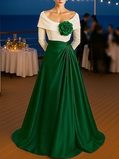 cheap A-Line Evening Dresses-A-Line Floor Length Evening Gown Ball Gown Formal Dress Elegant Color Block Silky Long Sleeve Off Shoulder Wedding Formal Pocket Satin with Pleats Pocket Shouder Flower