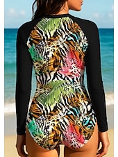 baratos Rash Guards de Uma Peça-Mulheres Normal Anti Atrito Roupa de banho Conjunto de maiô Leopardo Tropical Bloqueio de cores Zip Up UPF50+ Secagem Rápida Leve Manga Longa Camisa de Natação roupa de banho Surfe Praia Esportes