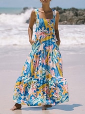 tanie Sukienki kwiatowe-Damskie Sukienka maxi Sukienka A line Sukienka na ramiączkach Urlop Codzienny Na zewnątrz Wyjściowe Luźna Kwiaty Graficzny Bez rękawów Cienkie ramiączka Niebieski Błękit nieba Pomarańczowy Zielony