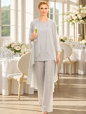 abordables Trajes de pantalón de mamá-Traje de pantalón Traje de 3 piezas Hasta el Suelo Vestido de Madrina Sin Mangas Barco de cuello Elegante Talla Grande Bolero incluido Invitado a la boda Gasa Vestidos de chaqueta con Un Color