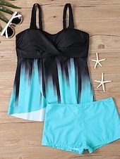 preiswerte Tankinis-Damen Tankini 2-teilig Badeanzug Shorts Bauchkontrolle Hohe Taille Slim Rückenfrei Urlaub Strandbekleidung Ombre Gestreift V-Ausschnitt Ärmellose Badeanzüge