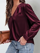 cheap Dressy Blouses-Women's Shirt Elegant Satin Top Blouse Ruched Plain Vintage Stylish Long Sleeve V Neck Regular Tops Holiday Going out Black White Wine Apricot Summer Spring