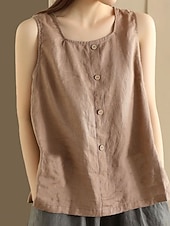 olcso Luxus ingek-Női Pamut vászon mellény Fodrozott Gombok Tömör szín Stílusos Alap Alkalmi Ujjatlan Szögletes Normál felsők Napi Medence Sárga Barna Nyár Tavasz
