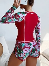 お買い得  タンキニ-ウィメンズ タンキニ 2ピース 水着 パーム ラッシュ ガード ショート タミー コントロール ハイウエスト スリム バックレス バケーション ビーチ ウェア フローラル ラウンド ネック ロングスリーブ 水着