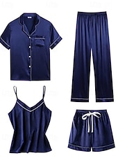 voordelige Slaaptops en -broeken voor dames-Dames Pyjama Loungewear Pyjamaset Warm Modieus Casual Heldere kleur Elastische taille Pantalon Korte broek Huis Vakantie Straat Lange mouw Overhemdkraag Zwart Wit Blozend Roze Marine Blauw Herfst