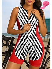 Χαμηλού Κόστους Γυναικεία σετ ρούχων-Γυναικεία Ολόσωμη στολή για τρίαθλο Ποδηλατικό Σετ Τζέρσεϊ Αμάνικο Καλοκαίρι Μαύρο Κίτρινο Ρουμπίνι Γεωμετρικό Ριγέ Ποδήλατο 3D Pad