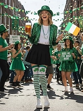 voordelige St. Patrick&amp;#39;s Day-Damessokken in St. Patrick's Day-groen, tot de knie, met klavertje vier – perfect voor feestelijke gelegenheden en de feestdagen.