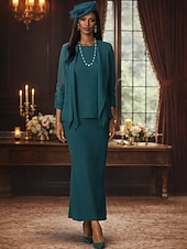 baratos Conjuntos de vestidos para mamãe-Duas Peças Tubinho Longo Vestido de convidada de casamento Vestido Para Mãe dos Noivos Manga Longa Scoop pescoço Elegante Formal Convidado do casamento Chiffon Embrulho incluido com Cor Única