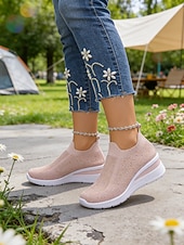 cheap Women's Sneakers-Women's Sparkle Pink Flyknit Platform Sneakers – Stylish Lightweight Knit Shoes for Walking, Shopping, Travel and Daily Wear