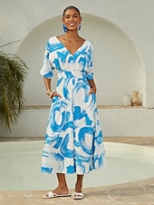 Недорогие повседневное платье-атласное синее платье макси с принтом мазков кисти для повседневного отпуска и путешествий