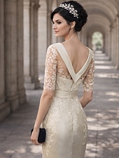 economico Lunghezza del tè-Sheath Column Knee Length Party Dress Cocktail Dress Wedding Guest Dress Mother of the Bride Dress Short Sleeve Jewel Neck Elegant Vintage Wedding Guest Satin Lace with Appliques