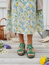 olcso Kényelmes szandálok-Női zöld blokk sarkú, hétköznapi szandál, tartást adó, párnázott talpbetéttel, stabil középsarkú kialakítással mindennapi viseletre, városi sétákra, utazásra és társasági eseményekre.