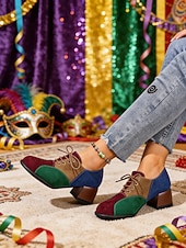 billige Damesko-Flerfargede oxfordsko med blokkhæl til dame – retro pumps med snøring i fargeblokker for karnevalskostymer, klovner og funky hverdagsklær