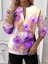 baratos Hoodies Florais-Mulheres Moletons com zíper Zíper Imprimir Floral Gráfico Moda Casual Manga Longa Decote Redondo Tops regulares Rua Dia a Dia Branco Roxo Laranja Verde Primavera Outono Inverno