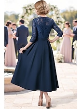 preiswerte Knöchellänge-A-Linie Knöchellänge Partykleid Cocktailkleid Kleid für Hochzeitsgäste Brautmutterkleid Langarm Quadrathals Elegant Einfach Hochzeitsgast Familientreffen Stretchstoff mit Spitze