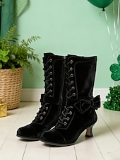  Damskie aksamitne botki sznurowane w kolorze leśnej zieleni – eleganckie botki na obcasie typu „kaczuszek” z ozdobnym kokardką na imprezy z okazji Dnia Świętego Patryka i zimowe festiwale