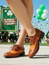 levne Dámská obuv-Dámské zelené oxfordské společenské boty s detailem brogue – pohodlné boty na nízkém podpatku se šněrováním na průvod ke Dni svatého Patrika, irské festivalové outfity, sváteční párty outfity