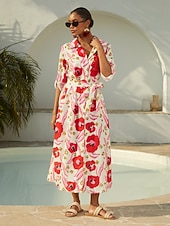 cheap Casual Dress-Abstract Floral Print Long Shirt Maxi Dress Vacation Casual