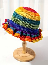 お買い得  アクセサリー-女性用クロシェラッフルバケットマルディグラハット – カーニバル、コスチュームパーティー、ボヘミアンシックスタイル用の多色レインボーニットフェスティバルキャップ