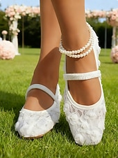 baratos noiva-Sapatilhas Mary Jane femininas em renda marfim com tira elástica, elegantes e confortáveis, perfeitas para noivas e convidadas em casamentos e eventos ao ar livre. &amp;cerimônias no gramado