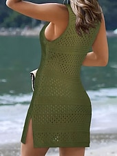 cheap Beach Dresses-Women's Swimwear Cover Up Swim Dress Swimsuit Knit Vacation Beach Wear Solid Color V Neck Sleeveless Bathing Suits
