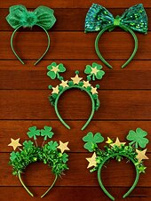  Diademas para el Día de San Patricio para mujer (paquete de 5) - Trébol verde con brillantina &Aros para el pelo con lazo, accesorios festivos para disfraces irlandeses para desfiles y fiestas.