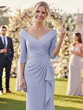  Sheath Column Sweep Brush Train Wedding Guest Dress Chiffon Formal Dresses Mother of the Bride Dress 3/4 Length Sleeve V Neck Elegant Simple Formal Wedding Guest Chiffon with Ruched Cascading Ruffles