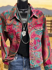 preiswerte Freizeitjacken-Damen Jacke Warm Bequem Knöpfe Druck Aktiv Vintage Künstlerisch Lässig Blumen Lässig Kurz Umlegekragen Normale Passform Langarm Oberbekleidung Rosa Rote Beige Frühling Herbst