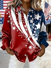  Camicia patriottica da donna per il Giorno dell'Indipendenza grafico bandiera vintage stilosa moderna maniche lunghe colletto top regolari abbigliamento quotidiano vacanza blu rosso primavera inverno