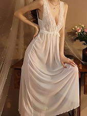 voordelige Rompers voor dames-Dames Nachtjapon Casual Zacht Satijn Heldere kleur Lapwerk Netstof Dagelijks Huis Bed Mouwloos V-hals Zwart Wit Wijn Zomer Ruim Passend