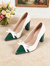 voordelige Pumps met blokhak-Dames tweekleurige groene en witte blokhak pumps - spitse neus met strikdetail, vintage chique stijl schoenen uit de jaren 50 voor werk, feestjes en dagelijkse outfits