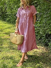 billige Essensielle falske kjoler-Dame Midikjole Kjoler i bomullslin Skjortekjole Hvit kjole Elegant kjole Elegant Årgang Mote Daglig utendørs Feriereise Løstsittende عادي Stripet Kortermet Skjortekrage Blå Hvit Rød Lilla Sommer Vår