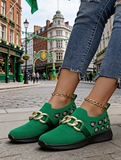 billige Damesko-Grønne strikkede damesneakers med leoparddetaljer til St. Patricks dag – moteriktig kjededetalj, komfortabel og trendy, perfekt for parader og uformelle festligheter