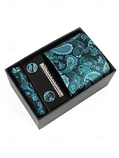 preiswerte Hochzeit ACC-Geschenkset für Herren aus Polyester mit Paisley-Muster: Krawatte, Manschettenknöpfe, Einstecktuch und Krawattenklammer – perfekt für Hochzeiten und als Geschenk.