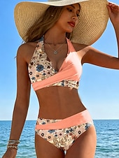 preiswerte Bikini-Sets-Damen Bikini 2-teiliges Badeanzug Raffung Cheeky Urlaub Fashion Blumen Grafik V-Ausschnitt Ärmelloses Badeanzüge