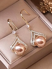 abordables Boda ACC-Pendientes colgantes de perlas artificiales para mujer, elegante diseño geométrico con detalles de cristal, estilo nupcial clásico, para novias, ceremonias de boda y eventos formales de noche.