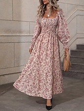 voordelige Bloemenjurken-Dames Maxi-jurk A lijn jurk Casual Dagelijks Normale pasvorm Bloemig Grafisch Lange mouw Vierkante hals Zwart Blozend Roze Lente Herfst