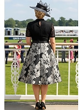 abordables Longitud del té-Corte A Hasta la Rodilla Vestido Derby Vestido de Madrina Manga Corta Escote en Pico Cuello Alto Elegante Ocultar Vientre El derby de Kentucky Satén Encaje con Encaje Lazo(s) Impresión