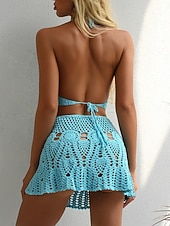 preiswerte Bikini-Sets-Damen Bikini 2-teiliges Badeanzug Rock Strick Rücklos Urlaub Strandbekleidung Einfarbiger Halter-Ausschnitt Ärmelloses Badeanzug