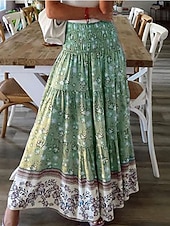 baratos Saias gráficas-Mulheres Boêmia Moda Casual Longo Cintura Alta Saias Floral Imprimir Com Stretch Diário Rua Vermelho Azul Roxo Verde Primavera