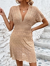 Χαμηλού Κόστους Φορέματα παραλίας-Γυναικείο κάλυμμα μαγιό φόρεμα Cut Out διακοπών παρα beachwear μονόχρωμο V λαιμό κοντά μανίκια