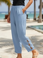 cheap Bottoms-Women's Cotton Linen Pants Chinos Summer Pants Vacation Streetwear Casual Full Length Medium Waist Plain Pocket Elastic Waistband Comfortable Breathable Inelastic Daily Outdoor Street White Sky Blue