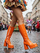cheap Women's Shoes-Women's Mardi Gras 1980s Retro Purple Platform Knee-High Boots with Block Heels – Shiny Patent Faux Leather, Perfect for Carnival Parades and Festive Celebrations