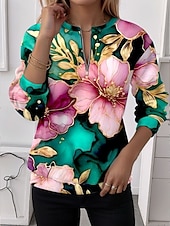 baratos Hoodies Florais-Mulheres Moletons com zíper Zíper Imprimir Floral Gráfico Moda Casual Manga Longa Decote Redondo Tops regulares Rua Dia a Dia Branco Roxo Laranja Verde Primavera Outono Inverno