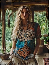 Недорогие Бохо футболка-Женская футболка Boho Viking графический племенной абстрактный винтажный стильный классический короткий рукав круглый воротник обычные топы повседневные выходные печать синий летний весенне-осенний