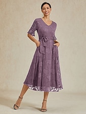 preiswerte Chiffonkleider-Damen Midikleid Chiffonkleid Elegant Flattrige Ärmel Urlaub Hochzeitsgast Date Tasche Illusionsspitze Normale Passform Blumen Halbarm V Ausschnitt Violett