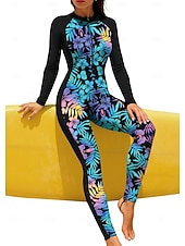 abordables Rash Guards Une Pièce-Femmes Standard Maillot Anti UV Rashguard intégral Maillot de bain Floral Tropical avec soutien-gorge intégré ​fermeture éclair sur le devant Protection Solaire UV Couvrant UPF50+ manche longue Coque