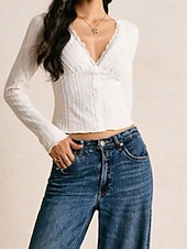 お買い得  レーストップ-女性用 ブラウス ドレッシーなトップス フリル レース パッチワーク 平織り エレガント ヴィンテージ 日常 長袖 Ｖネック レギュラートップス 日常 ワーク 祝日 アプリコット 春 秋