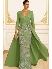  A-Linie Schlauchkleid Bodenlang Perlenbestickt Abendkleid Kleid der Brautmutter Abendkleid Ballkleid mit Überrock Festliche Kleidung Elegant Glitzernd seidig Dreiviertelarm V Ausschnitt Hochzeit