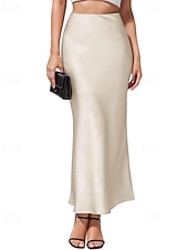abordables Faldas Formales-Mujer Elegante Moda Maxi Alta cintura Faldas Plano Frunce Rígido Diario Calle Negro Champaña Verde Ejército Verde Trébol Verano